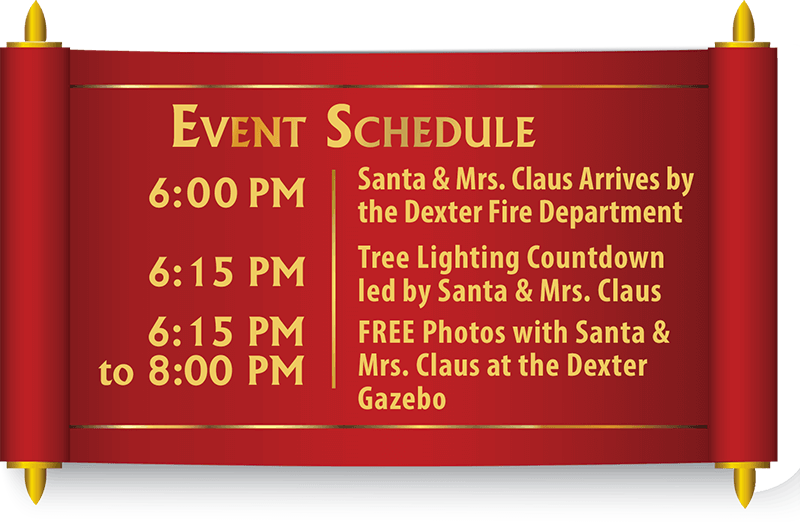 Friday, December 6 at 6:00PM, FREE photos with Santa and Mrs. Claus at the Dexter Gazebo!