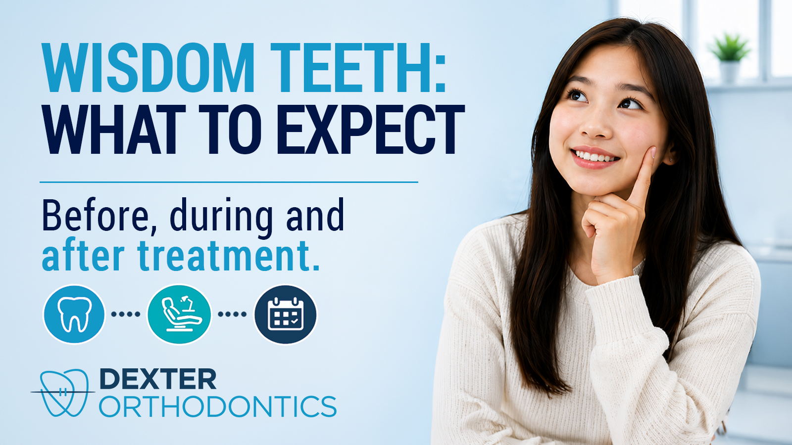 Teenage girl smiling thoughtfully while considering wisdom teeth timing, representing the before, during, and after stages of orthodontic treatment planning.