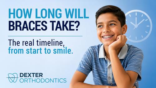 Young child smiling with braces, representing the timeline of early treatment, comprehensive treatment, and retention in pediatric orthodontic care.