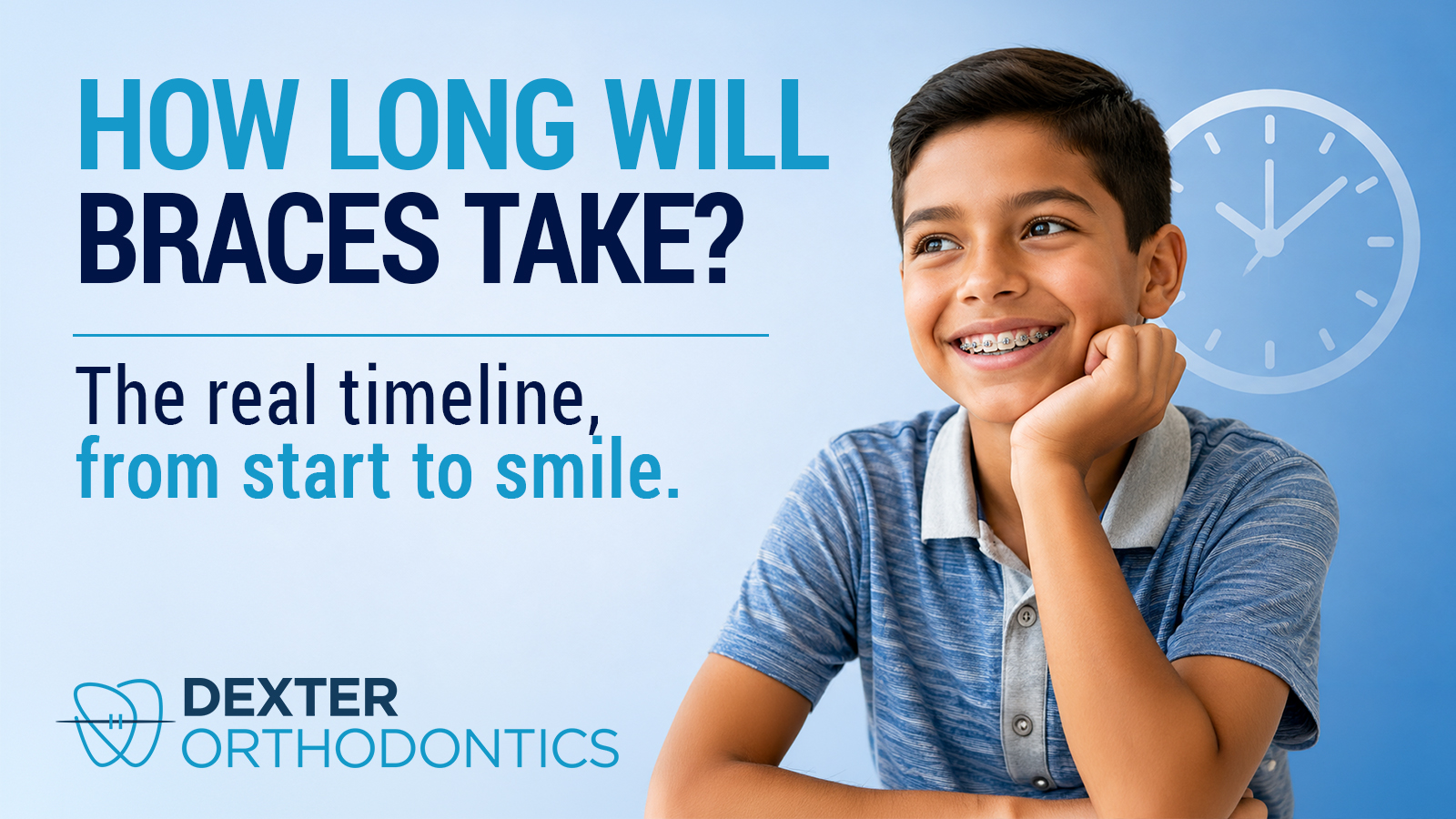 Young child smiling with braces, representing the timeline of early treatment, comprehensive treatment, and retention in pediatric orthodontic care.