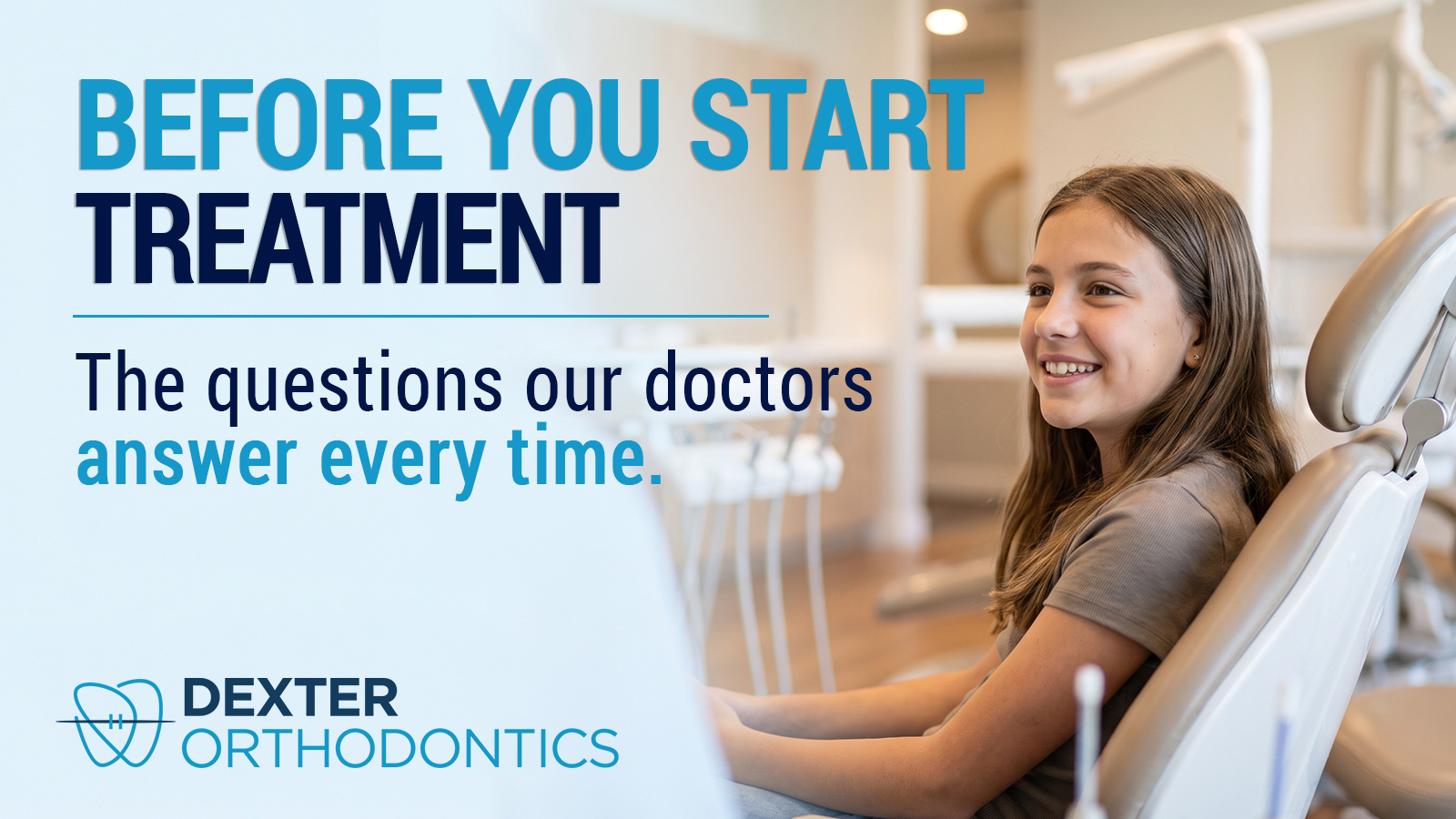 Smiling teen patient sitting comfortably in an orthodontic consultation chair, representing the ease of asking questions before starting treatment.