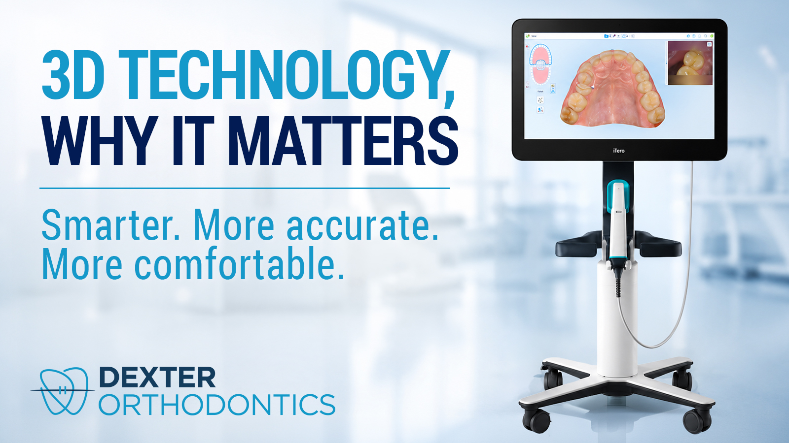 iTero 3D digital scanner displaying a detailed orthodontic tooth scan, highlighting advanced technology used by Dexter Orthodontics.