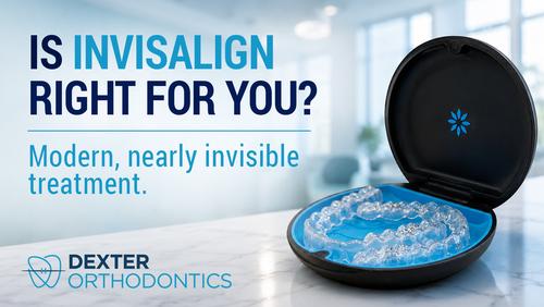 Open Invisalign aligner case displaying clear aligners, illustrating removable clear aligner treatment offered by Dexter Orthodontics.