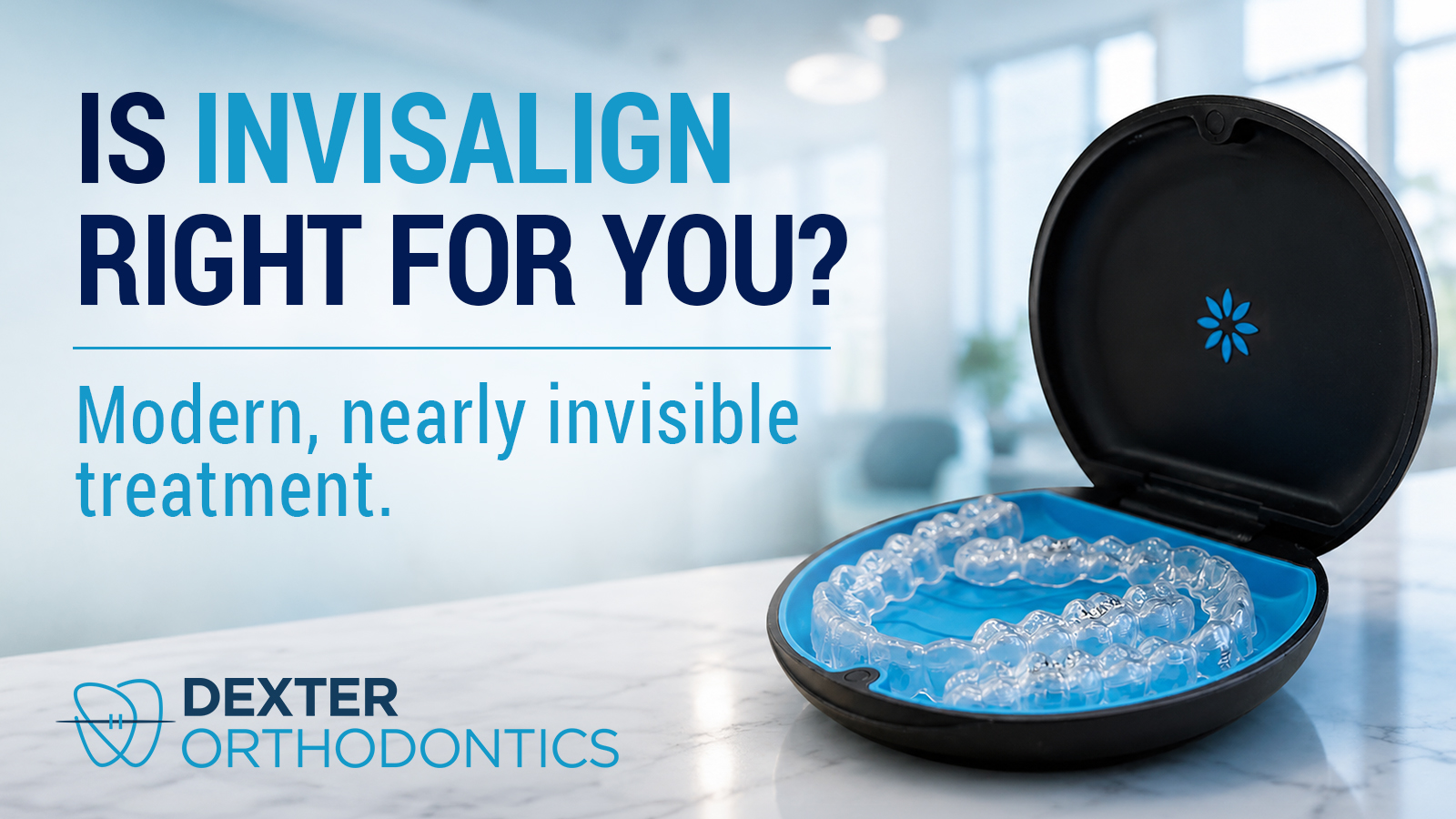 Open Invisalign aligner case displaying clear aligners, illustrating the removable clear aligner treatment offered by Dexter Orthodontics.