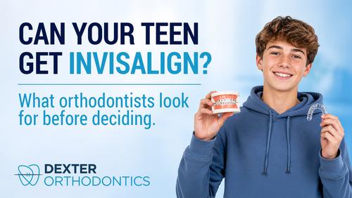 Teen holding a clear Invisalign aligner and orthodontic model, representing how orthodontists evaluate whether teens are good candidates for Invisalign treatment.