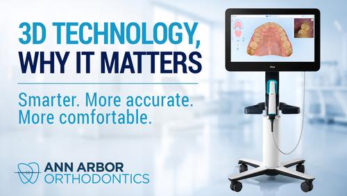 iTero 3D digital scanner displaying a detailed orthodontic tooth scan, highlighting advanced technology used by Ann Arbor Orthodontics.