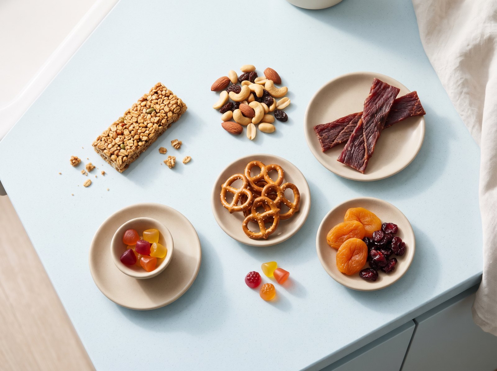 A granola bar, trail mix, beef jerky, pretzels, gummy vitamins, and dried fruit arranged on a light blue kitchen counter, everyday snacks that can damage braces.