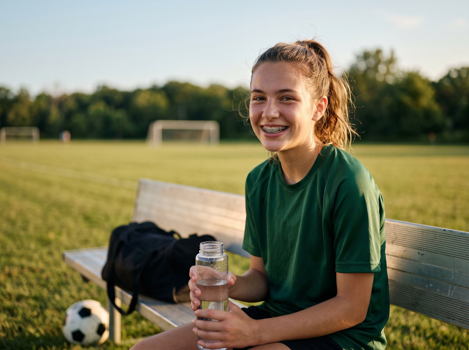 A smiling teenage soccer player with braces sits on a bench by the field after practice, drinking from a clear water bottle instead of a sugary sports drink.