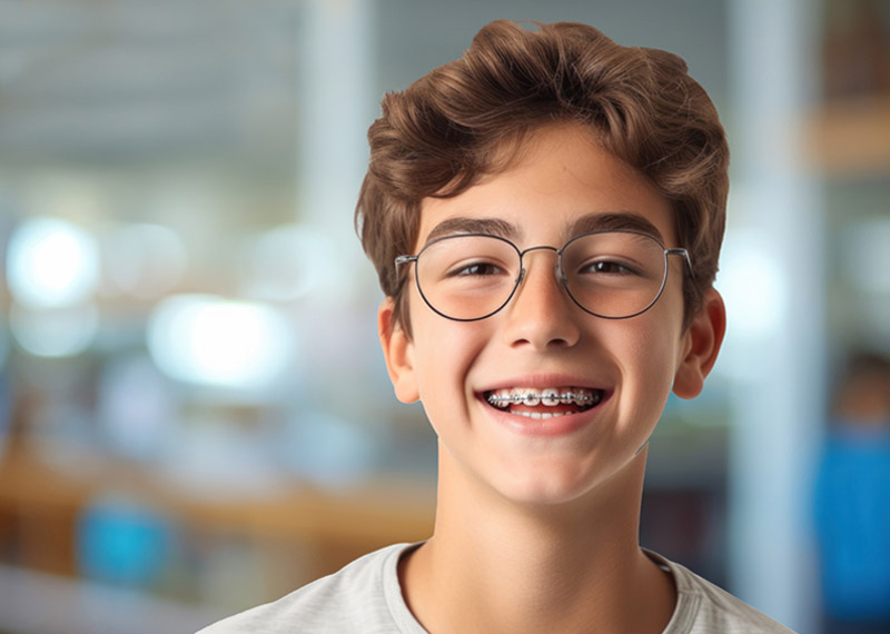 smiling boy with glasses and braces